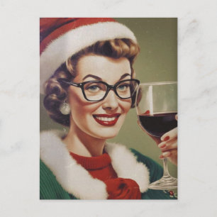 Weihnachtswein-Vintage-Frau-Santa-Hut Postkarte