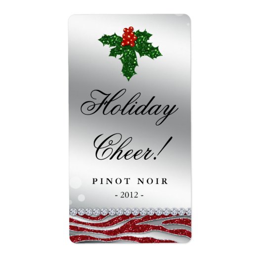 Weihnachtsweinlabel Holly Glitzer Zebra Red (Vorne)