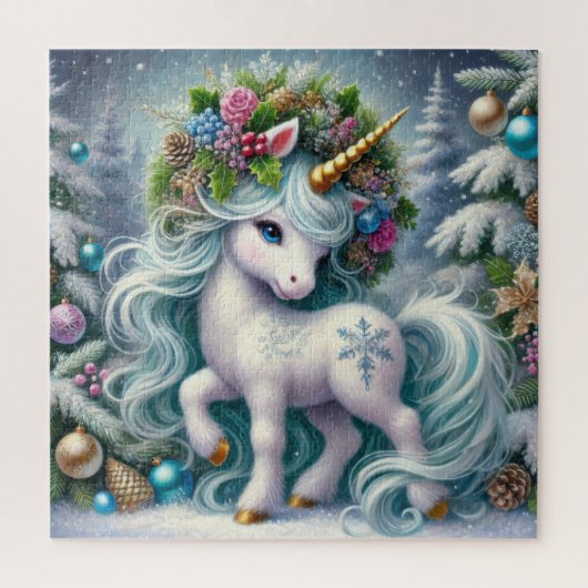 Weihnachtsweiße Einhorn mit Goldhorn Puzzle (Vertikal)