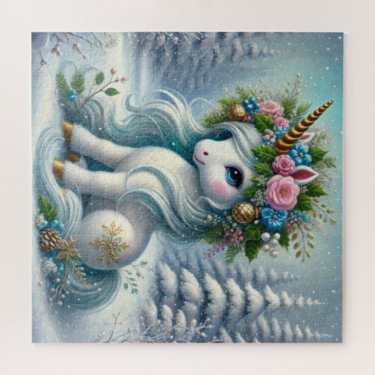 Weihnachtsweiße Einhorn mit Goldhorn Puzzle (Horizontal)