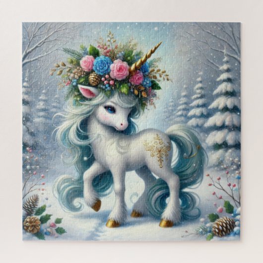 Weihnachtsweiße Einhorn mit Goldhorn Puzzle (Vertikal)