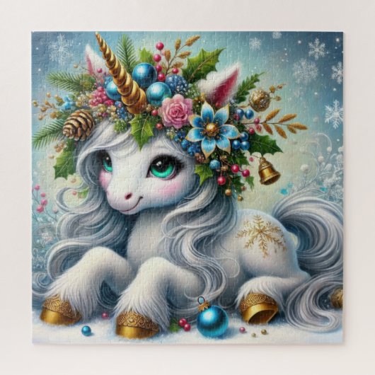 Weihnachtsweiße Einhorn mit Goldhorn Puzzle (Vertikal)