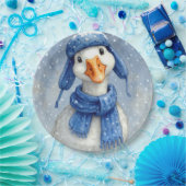 Weihnachtsweiße Wintergans mit blauem Schal Pappteller (Party)