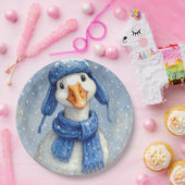 Weihnachtsweiße Wintergans mit blauem Schal Pappteller (Party)