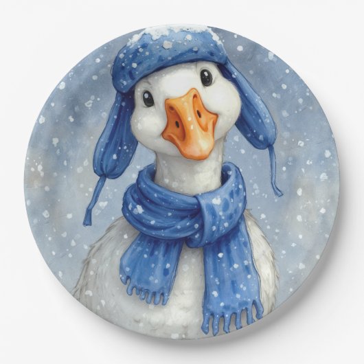 Weihnachtsweiße Wintergans mit blauem Schal Pappteller (Vorderseite)