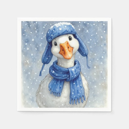 Weihnachtsweiße Wintergans mit blauem Schal Serviette (Vorderseite)