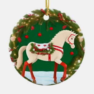 Weihnachtsweißes Pferd mit festlichem Kranz Keramik Ornament