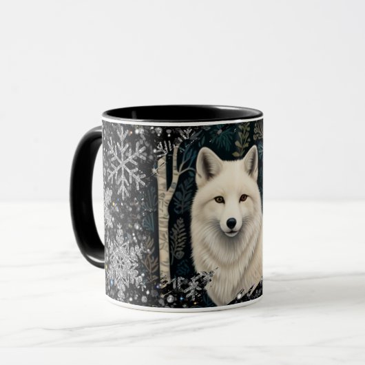 Weihnachtsweißfuchs Weißwolf funkelnder Schneefall Tasse (Vorderseite Links)