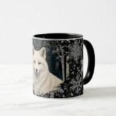 Weihnachtsweißfuchs Weißwolf funkelnder Schneefall Tasse (VorderseiteRechts)