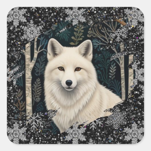 Weihnachtsweißfuchs Weißwolf funkelnder Schneester Quadratischer Aufkleber (Vorderseite)