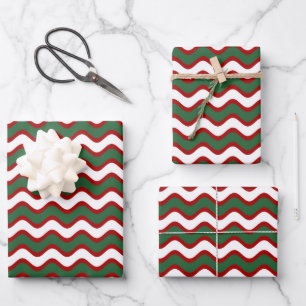 Weihnachtswellen-Streifenmuster Rot Grün Weiß Geschenkpapier Set