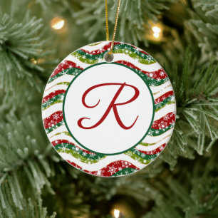 Weihnachtswellen und Schneeflocken Monogramm Keramik Ornament