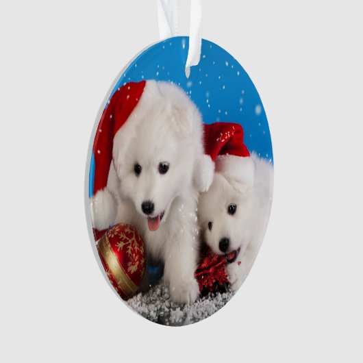 Weihnachtswelpen-weißer SpitzSpitz Ornament (Vorderseite)