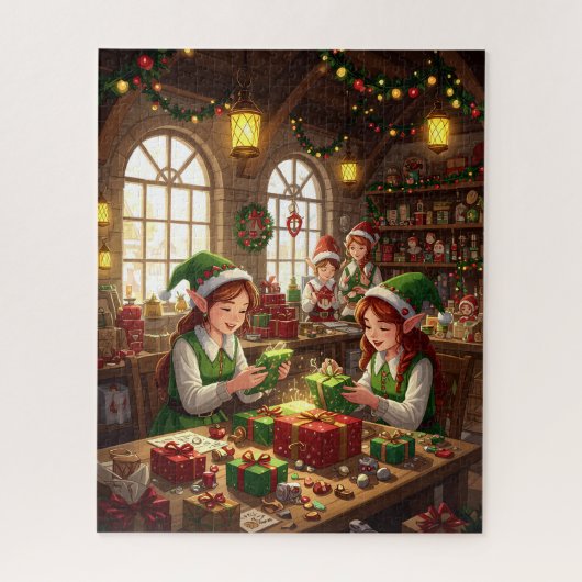 Weihnachtswerkstatt Elfen umhüllende Geschenke Puzzle (Vertikal)