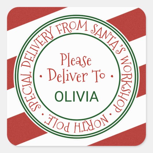 Weihnachtswerkstatt Streifen Weihnachtsgeschenk Quadratischer Aufkleber (Vorderseite)