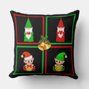 Weihnachtswichte & Elfen auf Schwarz, Grün & Rot Kissen