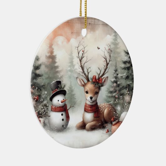 Weihnachtswild/Schneemann im klassischen Wald Keramik Ornament (Rechts)