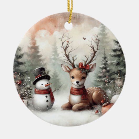 Weihnachtswild/Schneemann im klassischen Wald Keramik Ornament (Vorne)