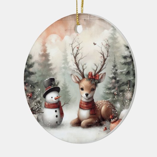 Weihnachtswild/Schneemann im klassischen Wald Keramik Ornament (Links)