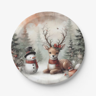 Weihnachtswild/Schneemann im klassischen Wald Pappteller