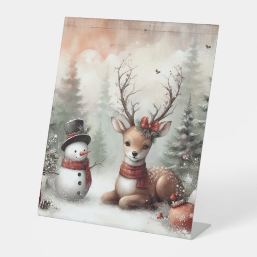 Weihnachtswild/Schneemann im klassischen Wald Sockelschild (Vorderseite)