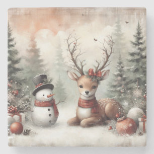 Weihnachtswild/Schneemann im klassischen Wald Steinuntersetzer
