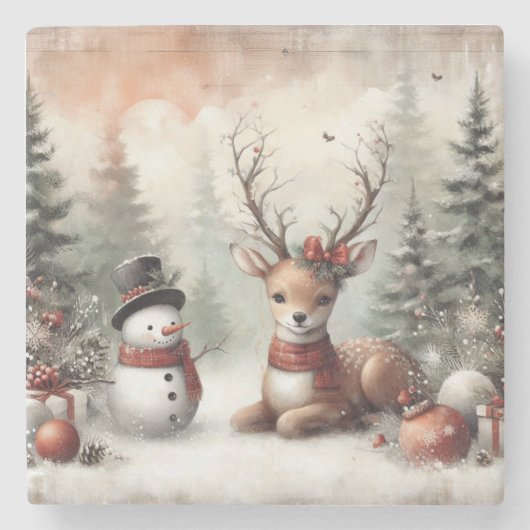 Weihnachtswild/Schneemann im klassischen Wald Steinuntersetzer (Vorderseite)