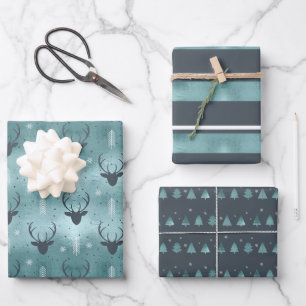 Weihnachtswildflechte, Streifen, Bäume Aquamarin I Geschenkpapier Set