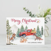 Weihnachtswinterfox Familienroter LKW Feiertagskarte (Stehend Vorderseite)