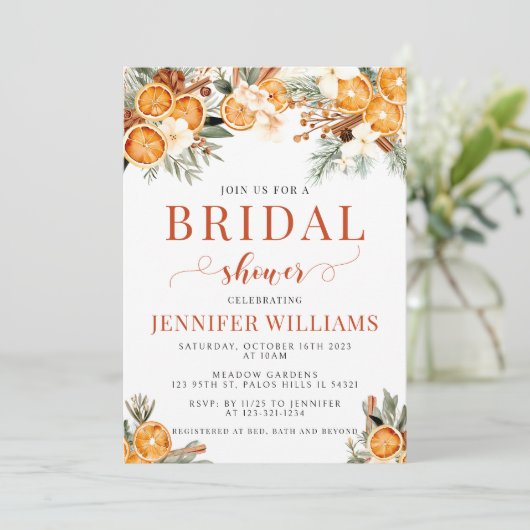 Weihnachtswinterorangen Weihnachts-Brautparty Einladung (Stehend Vorderseite)