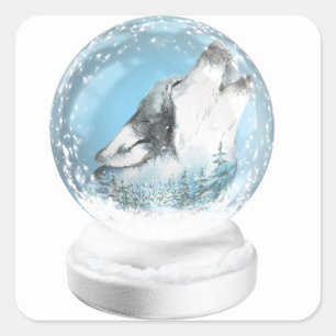 Weihnachtswolf im Winter Schneeglobe Quadratischer Aufkleber