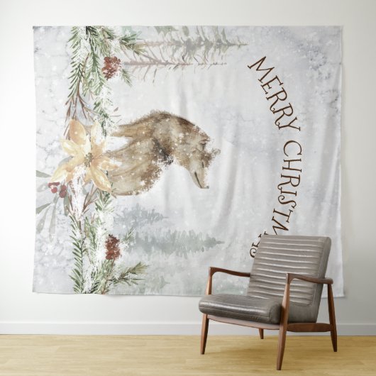 Weihnachtswolf in schneebedeckten Wäldern frohe We Wandteppich (Beispiel (Horizontal))