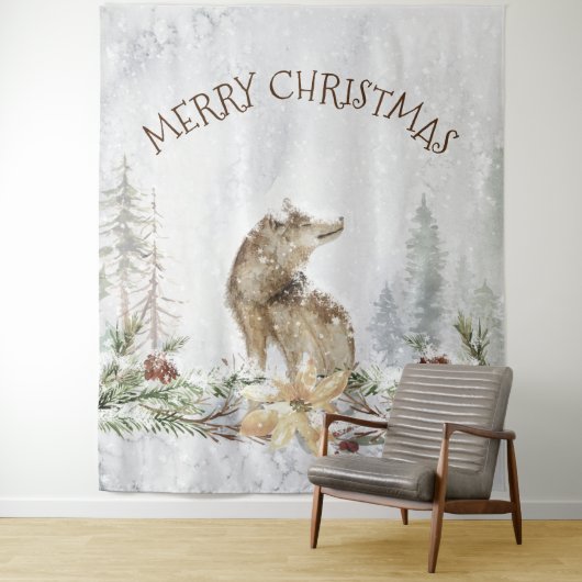 Weihnachtswolf in schneebedeckten Wäldern frohe We Wandteppich (Beispiel)