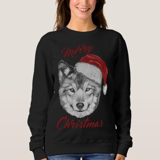 Weihnachtswolf mit Weihnachtsmannmütze Sweatshirt (Vorderseite)