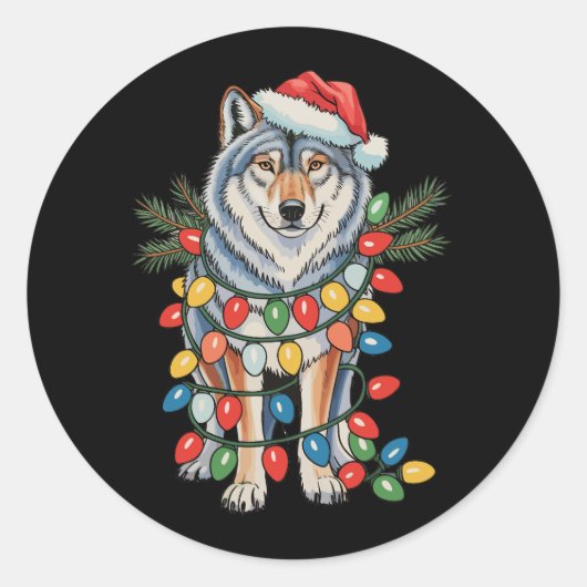 Weihnachtswolf Weihnachtsmannmütze Xmas Lights Tie Runder Aufkleber (Vorderseite)