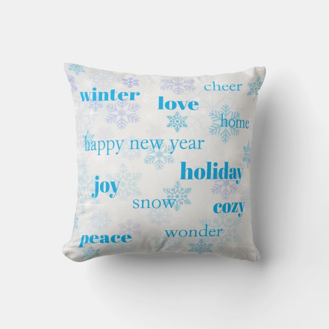 Weihnachtsworte Typografie Blaue Schneeflocken Kissen (Vorderseite)