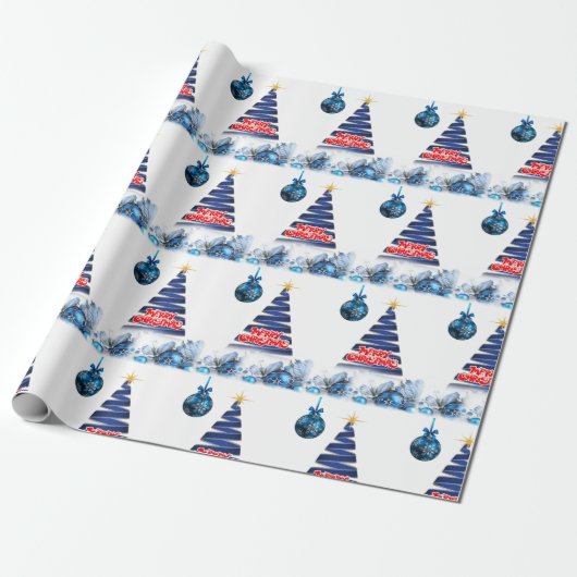 Weihnachtswrapping Paper Merry Blue Tree Geschenkpapier (Ungerollt)