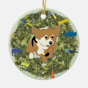 Weihnachtswreath-AgilityCorgi Keramik Ornament