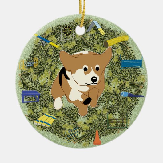 Weihnachtswreath-AgilityCorgi Keramik Ornament (Vorne)