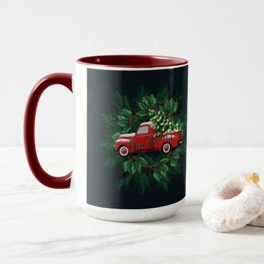 Weihnachtswreath Red Vintag Truck Latte Tasse (Mit Donut)