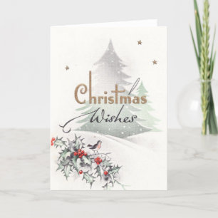 Weihnachtswünsche Baum Vogel Stechpalme Stern Vint Feiertagskarte
