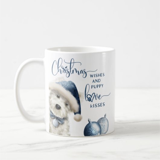 Weihnachtswünsche, Hund über Weihnachtsgeschenk, B Kaffeetasse (Links)
