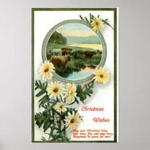 Weihnachtswünsche und eine Rinderszene Poster