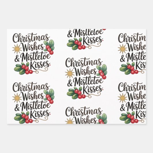 Weihnachtswünsche und Mistletoe Kisses Familie Wei Geschenkpapier Set (Vorderseite)