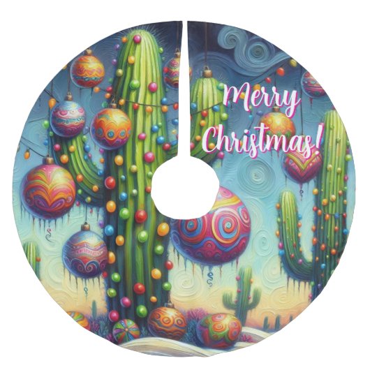 Weihnachtswüste Südwesten Saguaro Kaktus Saison Polyester Weihnachtsbaumdecke (Vorderseite)