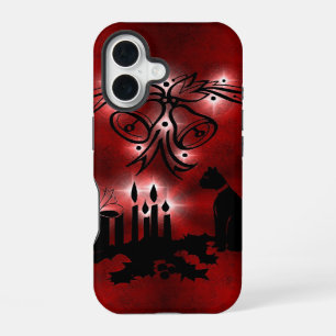 Weihnachtszauber mit schwarzer Katze auf rotem Reg iPhone 16 Hülle