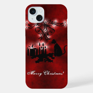 Weihnachtszauber mit schwarzer Katze auf rotem Reg iPhone 15 Plus Hülle