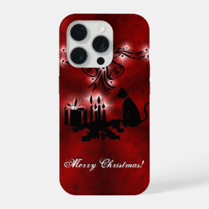 Weihnachtszauber mit schwarzer Katze auf rotem Reg iPhone 15 Pro Hülle