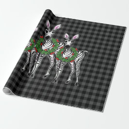 Weihnachtszebras, Weihnachtskranz, grau kariert Geschenkpapier
