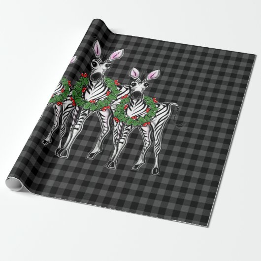 Weihnachtszebras, Weihnachtskranz, grau kariert Geschenkpapier (Ungerollt)